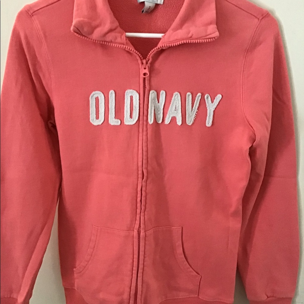 Old Navy zip-up sweatshirt. Dark Coral/white.